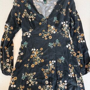 Floral V-Neck Long Sleeve Dress - Black with Mustard & White Flowers wild fable